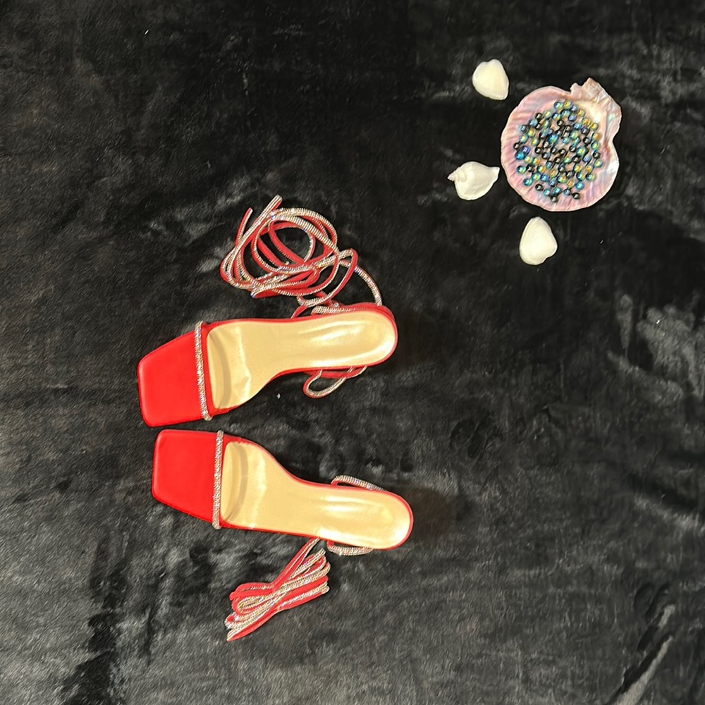 New Women Rhinestone Stappy Stiletto Glass like Heeled Red Sandals 3.5 heel